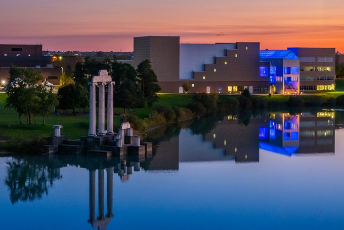 Aerial view of the North Campus at sunset. 