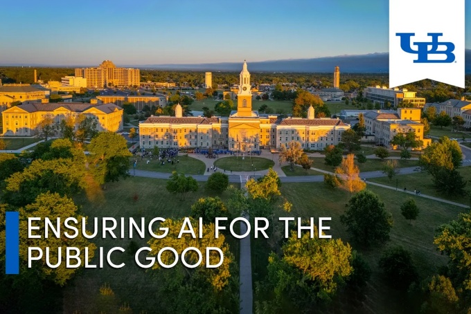 The words "Ensuring AI for the Public Good superimposed over an aerial view of Hayes Hall. 