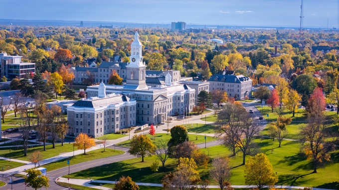 Aerial view of Hayes Hall on UB's South Campus. 