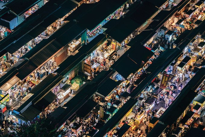 Aerial view of a night market in Taiwan. 