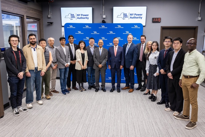 New York Power Authority leaders gather with UB officials at the announcement of a clean energy fellowship program. 