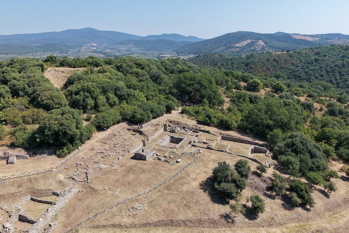 Aerial view of an archaeological excavation site in southern Tuscany, Italy. 