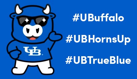 Victor Bull character wearing sunglasses next to text reading #UBuffalo #UBhornsUP #UBTrueBlue. 