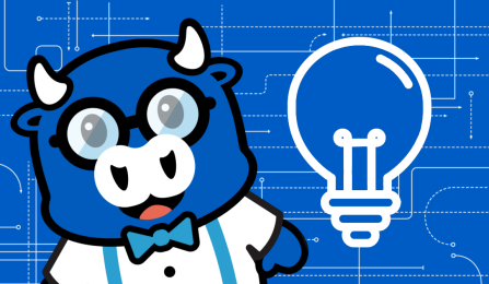 Victor Bull character, wearing glasses and a bowtie, next to a light bulb icon. 