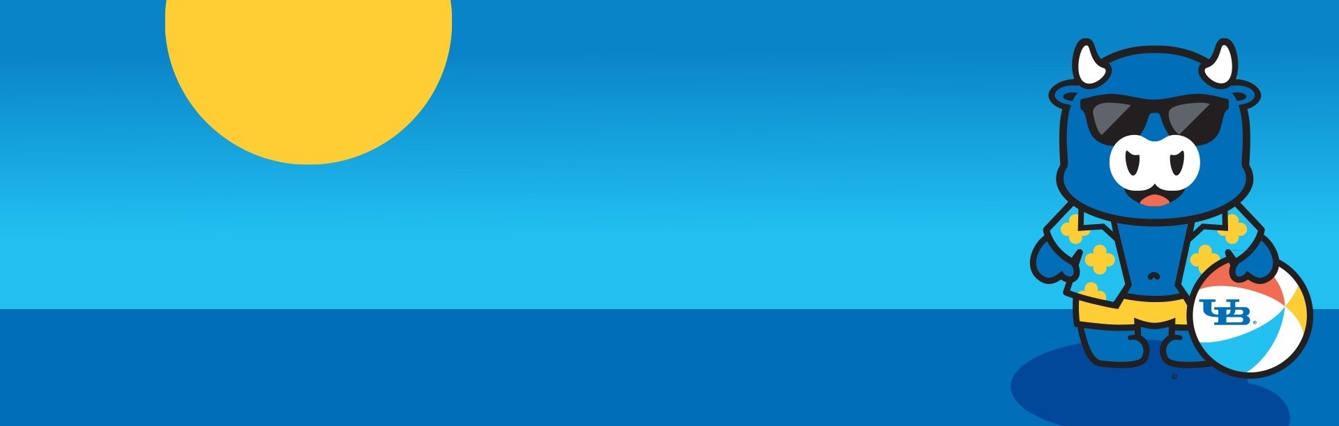 Lil' Vic, a blue bull cartoon, is wearing sunglasses, swimsuit and Hawaiian shirt while holding a beachball at the beach with the sun behind him. 