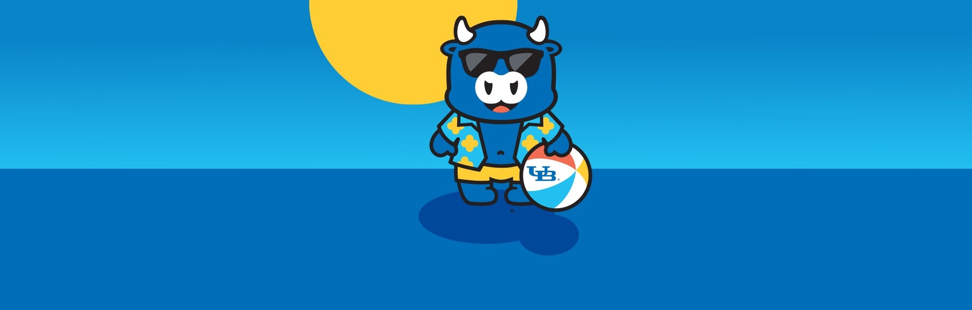 Lil' Vic, a blue bull cartoon, is wearing sunglasses, swimsuit and Hawaiian shirt while holding a beachball at the beach with the sun behind him. 