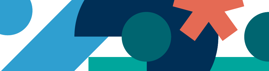 Abstract banner with overlapping geometric shapes: a diagonal blue band, navy arcs, teal circles and a coral starburst arranged across a light background. 