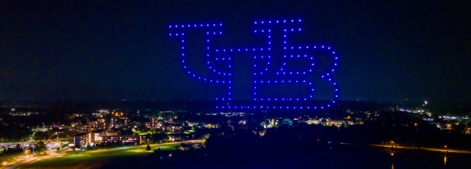 Students attend the Welcome Back Blast Pep Rally and drone show on the Student Union Field at the end of Welcome in August 2023. Photographer: Douglas Levere. 