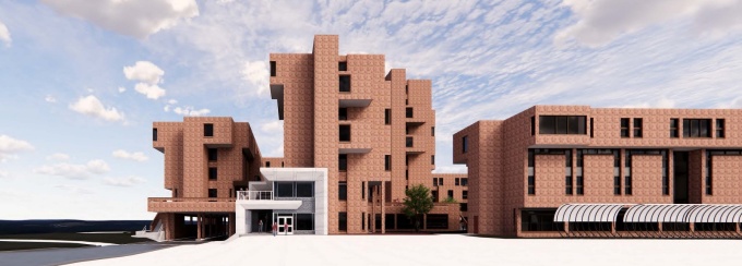 Artist rendering: welcoming entrance to Ellicott Complex. 