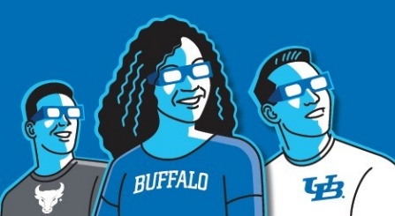 Blue, cartooned UB studen5s wearing 3D glasses and UB branded shirts. 
