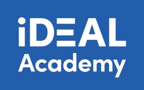White iDEAL Academy mark on a blue background. 