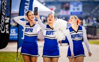 UB Cheerleaders pose for a group photo. 