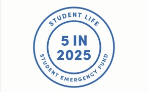 Blue and white logo for the 5 in 2025 Student Life Campaign. 