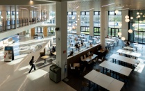 Zoom image: Students enjoy the newly renovated Student Union lobby area on the first day of classes for the fall semester in August 2024. Photographer: Douglas Levere