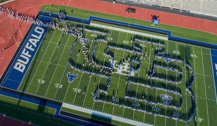 Aerial images of the Interlocking UB at the new student welcome at the UB Stadium in August 2019. Photographer: Mark Adams. 