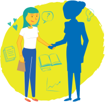 Drawing of female student meeting a mentor. 