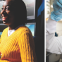 One black american woman with back to computer and one woman in a lab holding a test tube. 
