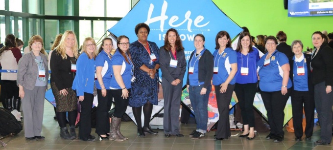 Members of the Women in STEM Cooperative post for a photo in the Student Union. 