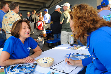 Nancy Battaglia canvasses the stands at UB Bulls football games to recruit new members for the UB employee chapter of the UB Alumni Association. Photo: Nancy J. Parisi