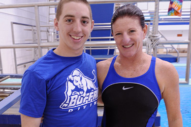 The roles have been reversed for UB diving coach Karla Helder and Michael McDowell, one of her top divers. McDowell is training Helder for her competitions. Photo: NANCY J. PARISI